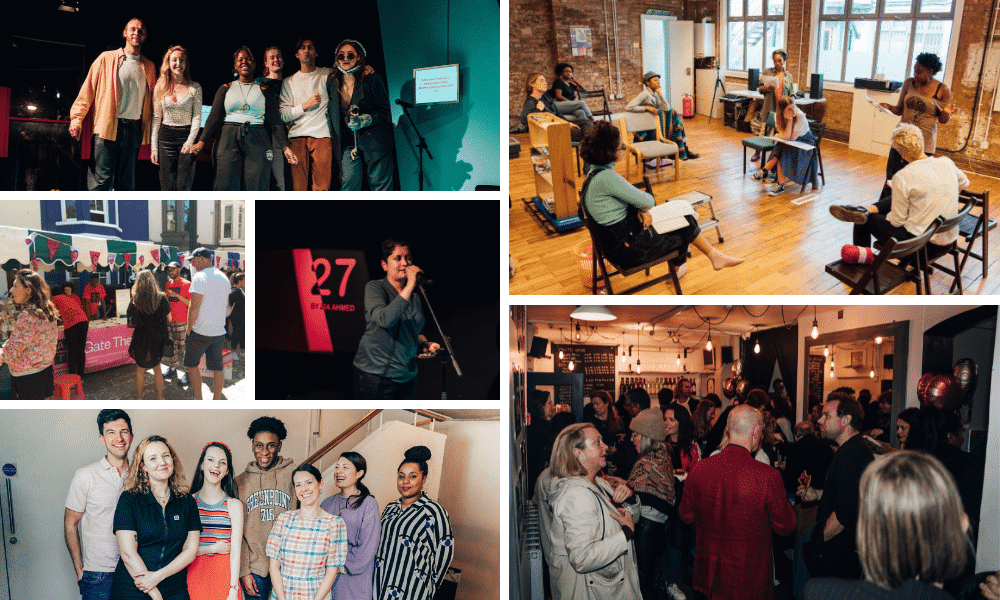 Artists, Gate team, community and audience members at Gate shows, projects and rehearsals across our forty year history