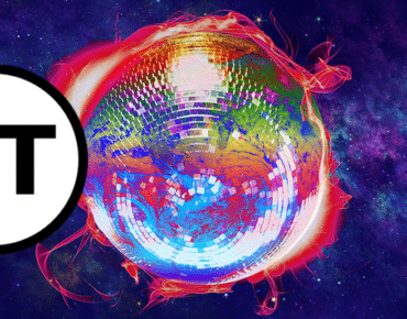 Touch tour symbol. A disco ball engulfed in fire displays a heatmap of continents on its globe, floating on a blue purple star scattered background